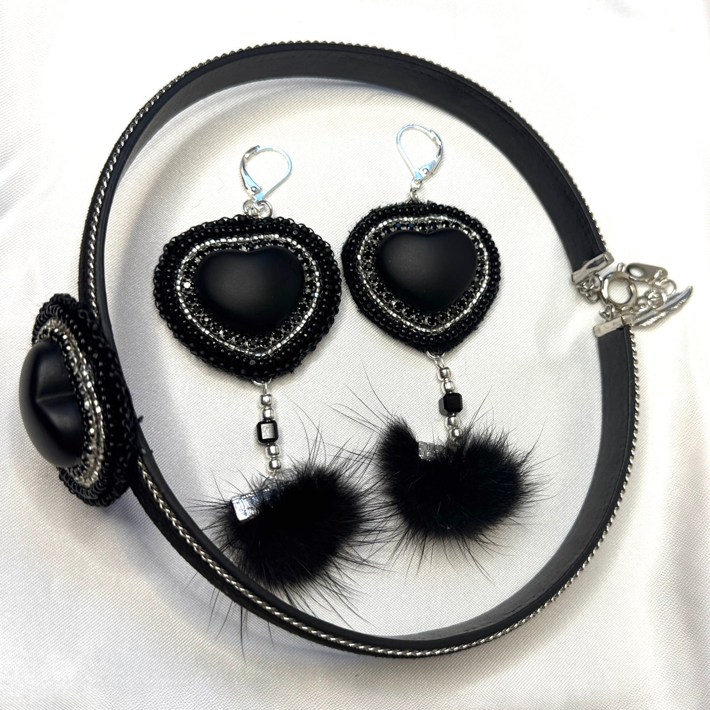 Black Heart Leather Chain Choker & Earring Set
