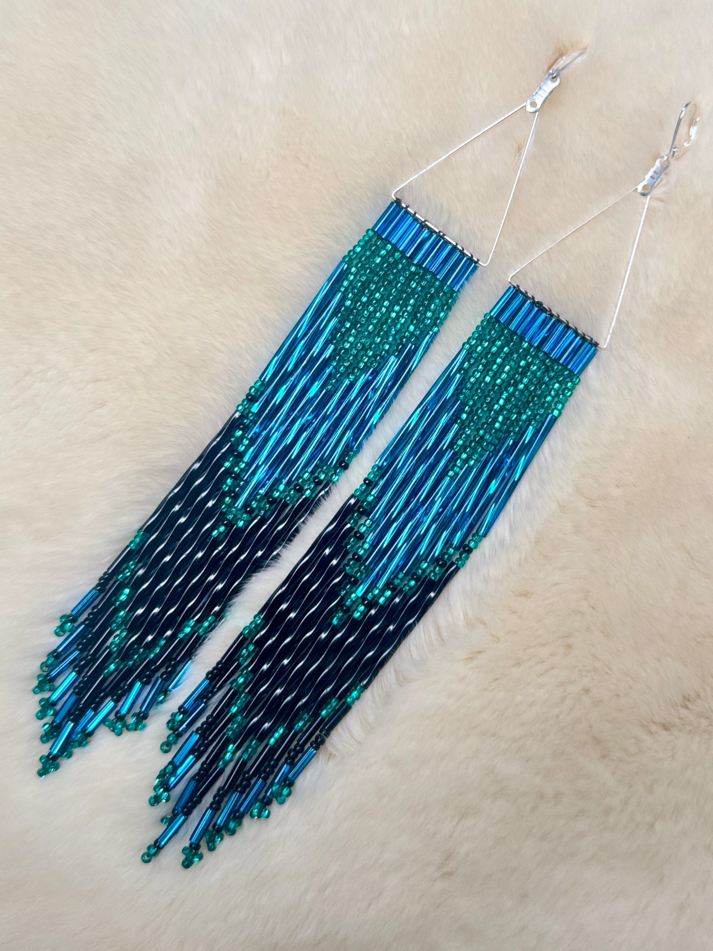 Two Toned Teal & Black Long Beaded Dangle Earrings