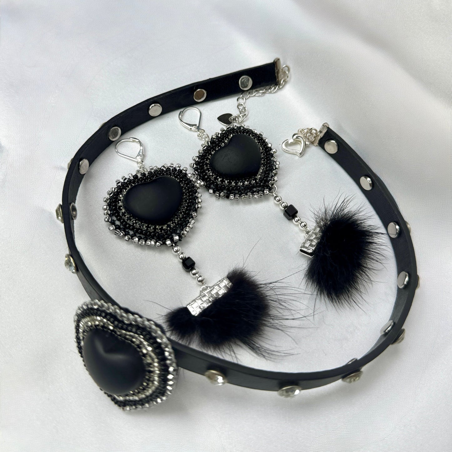 Black Heart Leather Crystal Studded Choker & Earring Set
