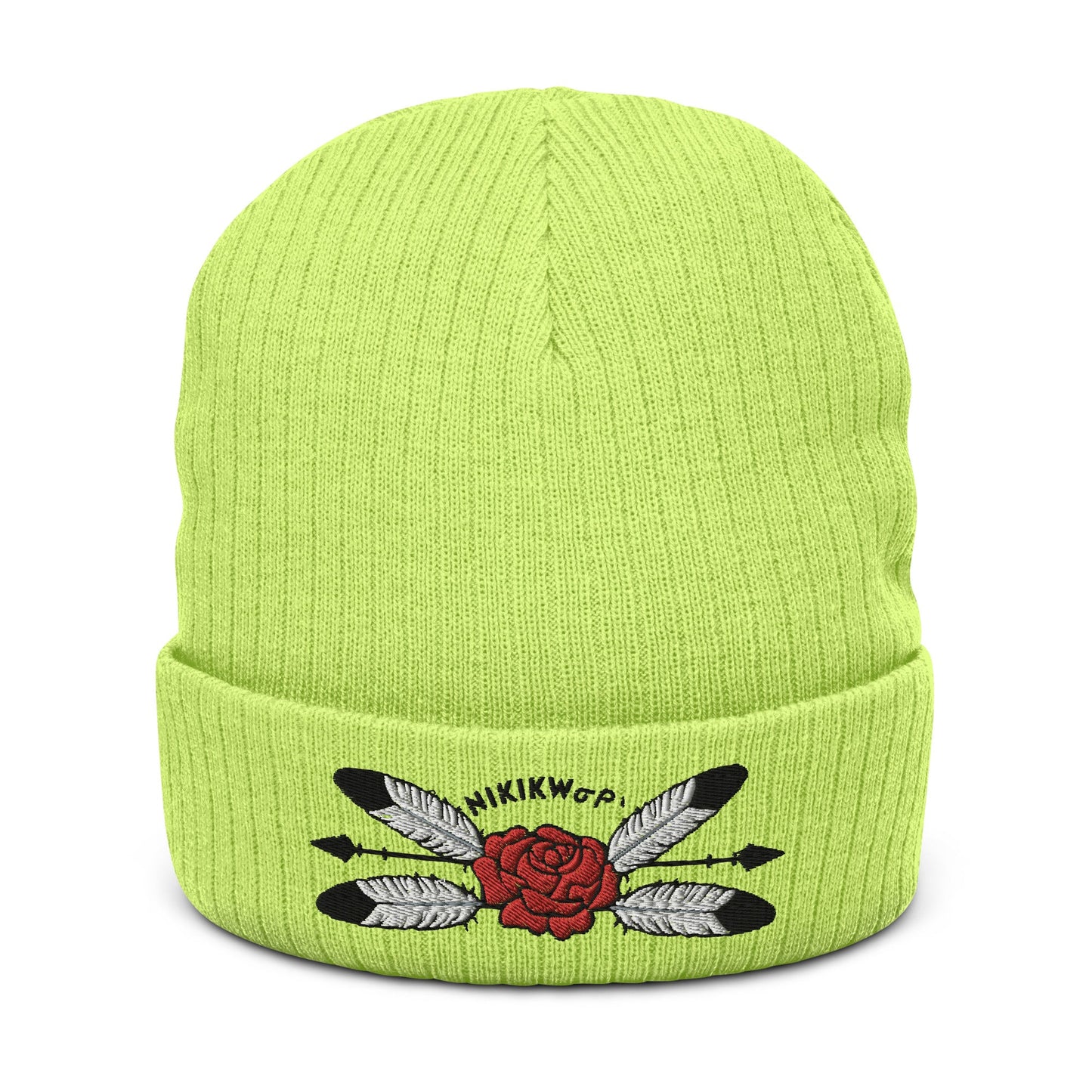 Native Rose Feather Ribbed knit beanie - Nikikw Designs