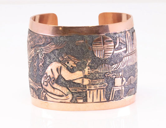 Navajo Story Teller Solid Copper Cuff bracelet 2”  Stamped Elaine Becenti 1980’s , 7 inch