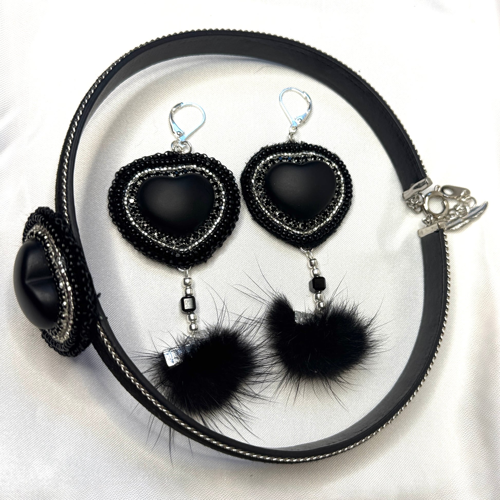 Black Heart Leather Chain Choker &  Earring Set
