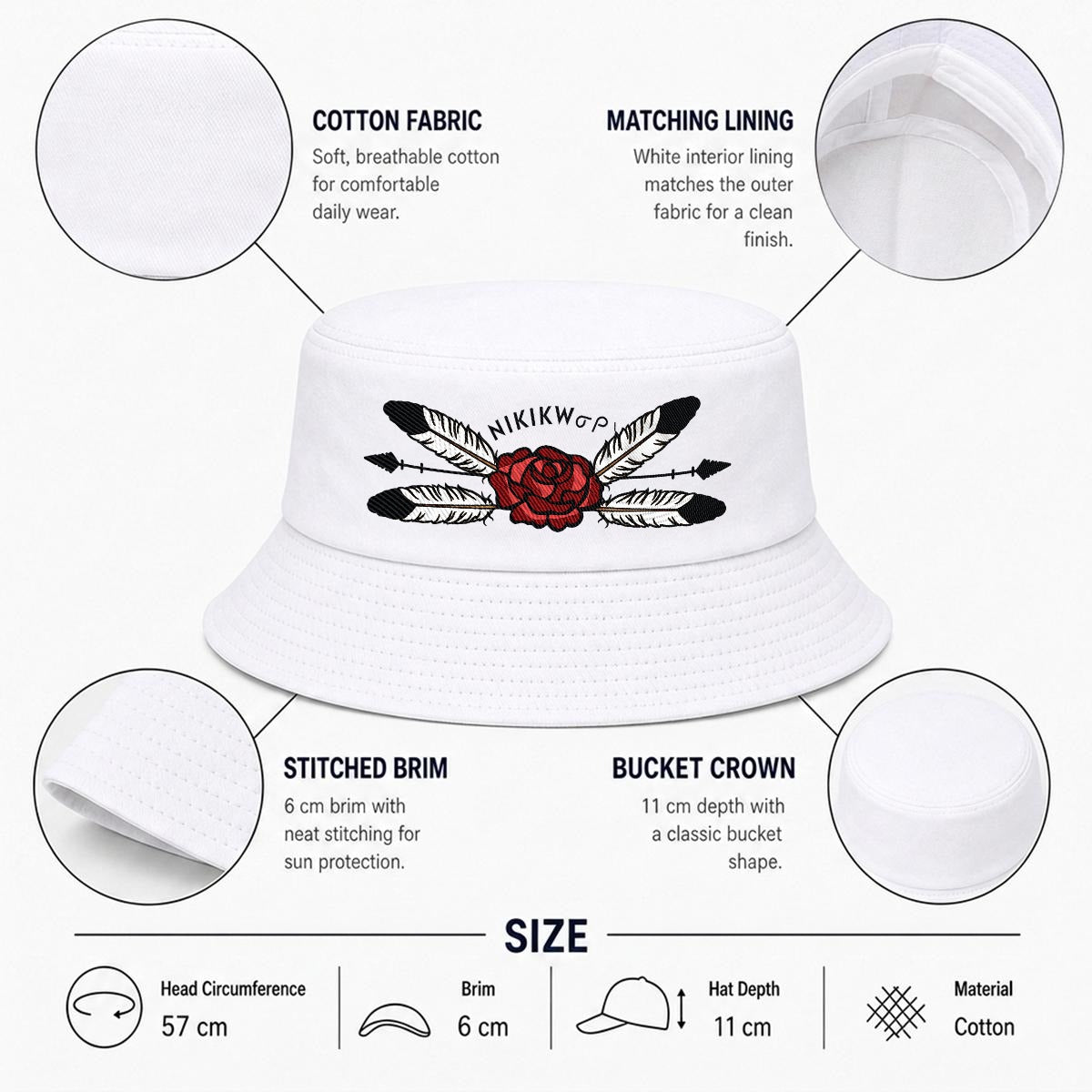 Feather Rose Embroidered Bucket Hat