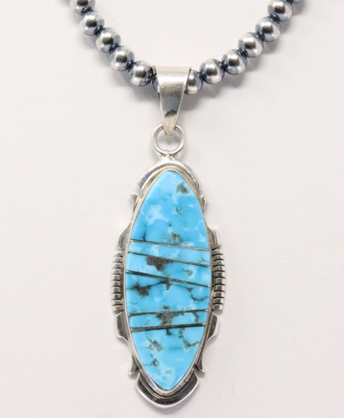 Sterling Silver Beads and Turquoise Inlay Pendant - Navajo Silversmith Steve Francisco