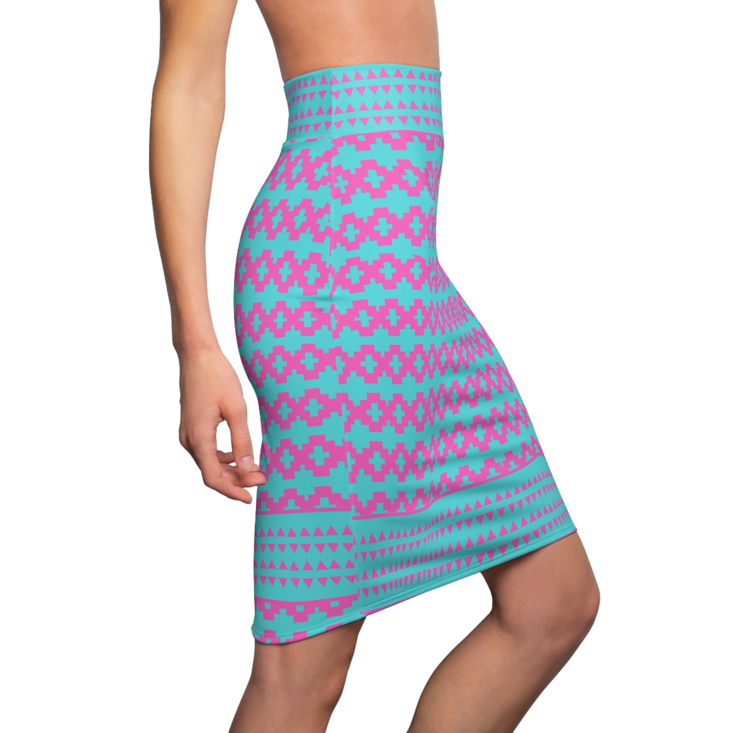 Native Print Pink and Blue Women's Pencil Skirt