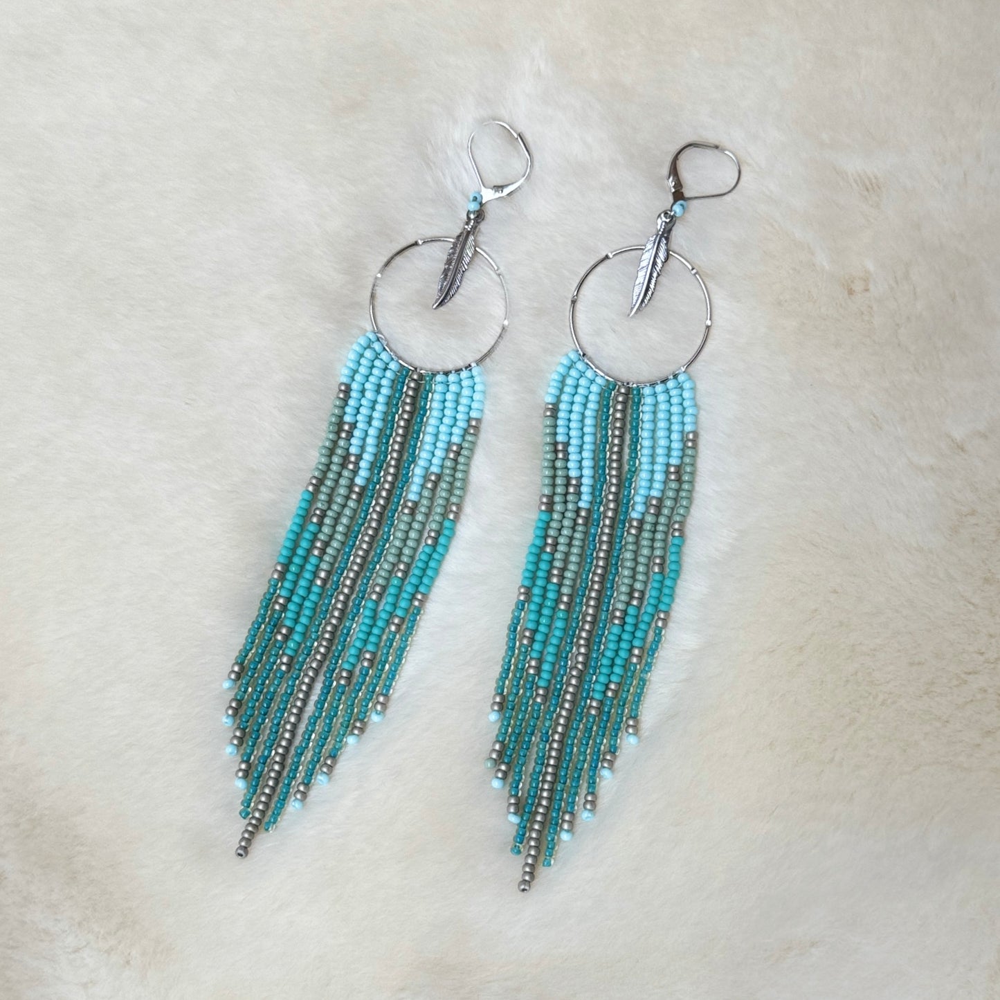 Beaded Hoop Feather Fringe Earrings