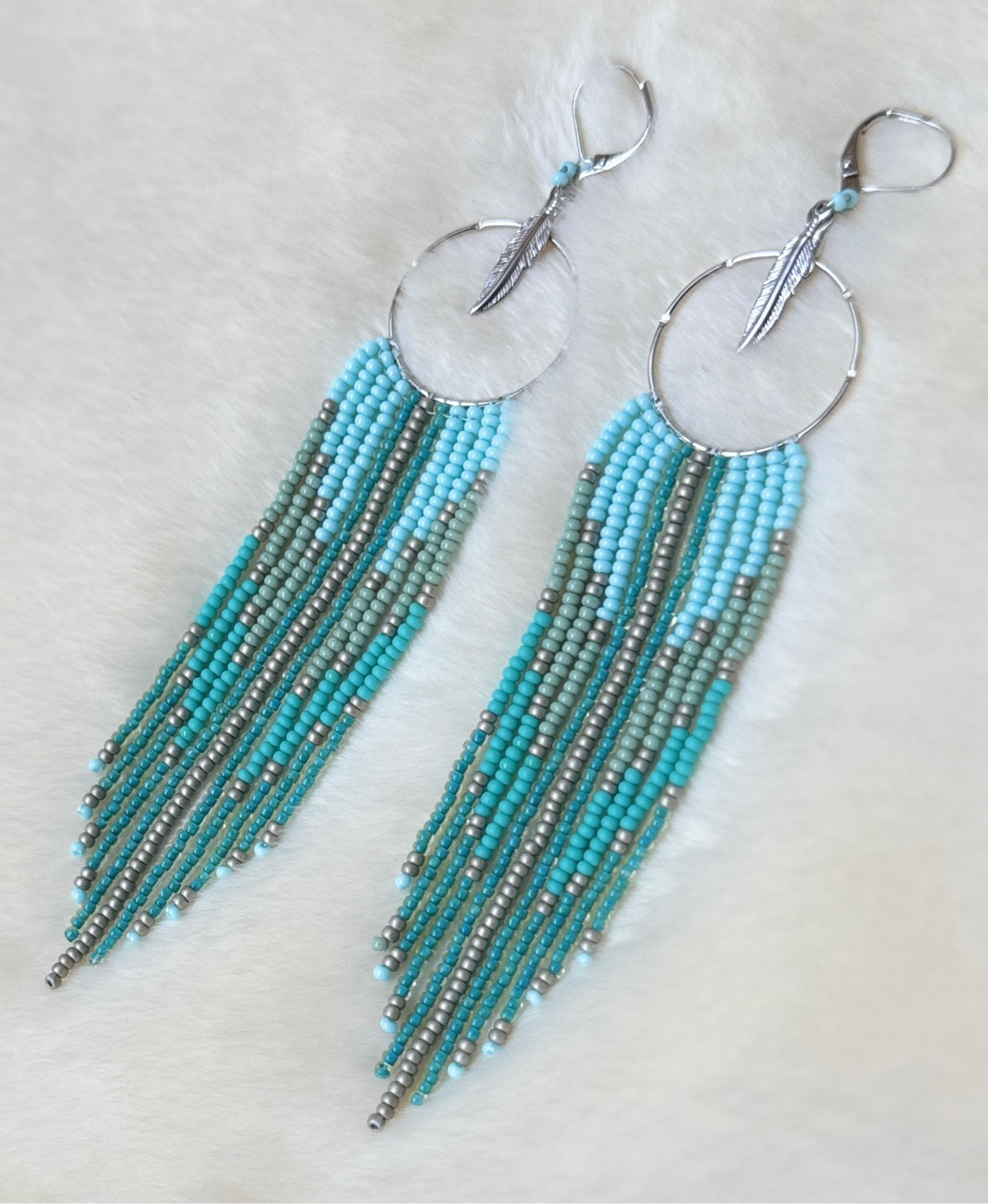 Beaded Hoop Feather Fringe Earrings