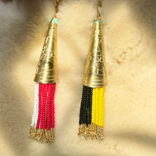 ANISHINAABE BIMISHIMO Jingle Earrings
gold Plated Closed Clasp & wire Turquoise Beads Medicine Wheel Colours