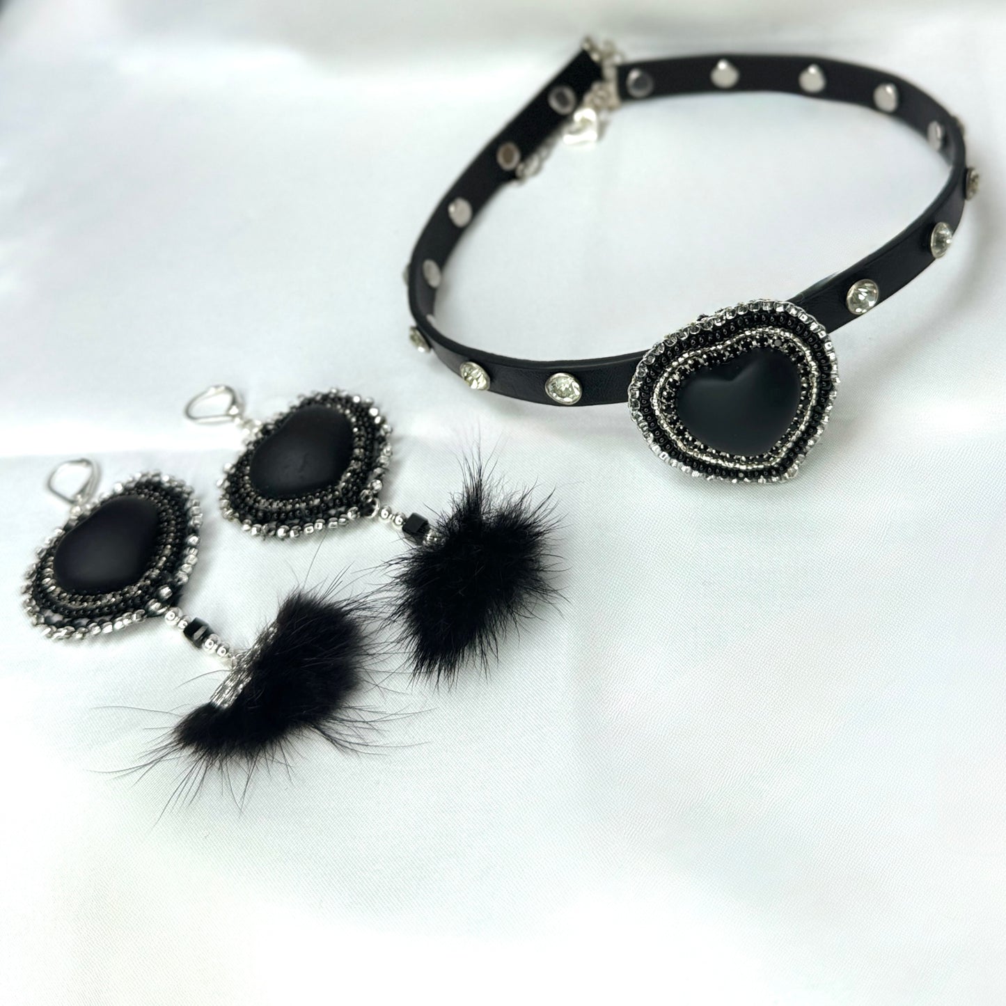 Black Heart Leather Crystal Studded Choker &  Earring Set
