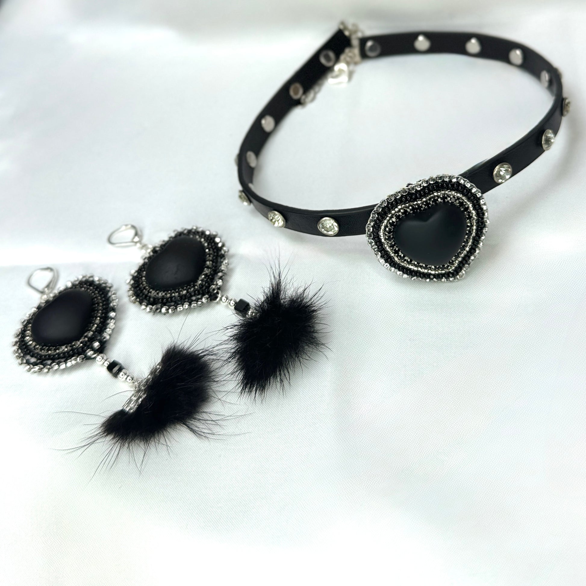 Black Heart Leather Crystal Studded Choker &  Earring Set