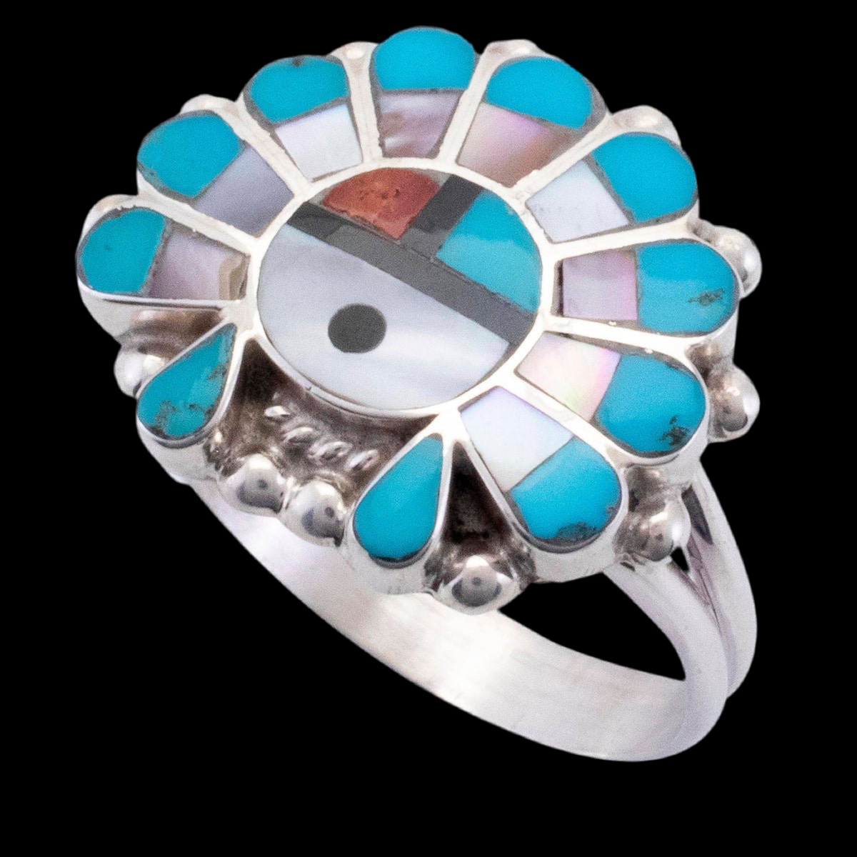 Zuni Sterling Silver Multi-Color Inlay Sunface Ring