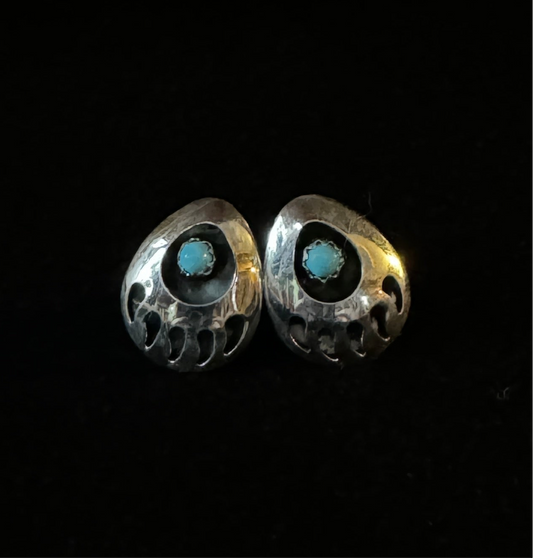 Navajo Sterling Silver Bear Paw Turquoise Post Earring's By Leroy Parker