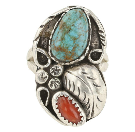 Vintage Navajo Turquoise & Coral Leaf Ring Sz 7.5 Signed