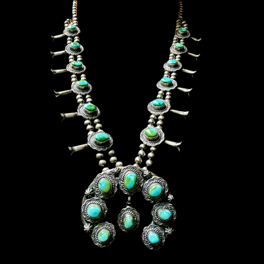 Thomas Francisco, Navajo Silver 20 Stone Sonora Gold Turquoise Squash Blossom Necklace & Earring's Set