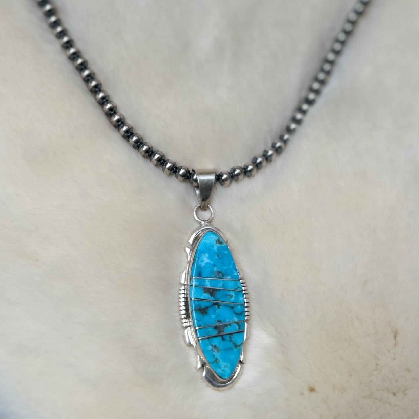 Sterling Silver Beads and Turquoise Inlay Pendant - Navajo Silversmith Steve Francisco