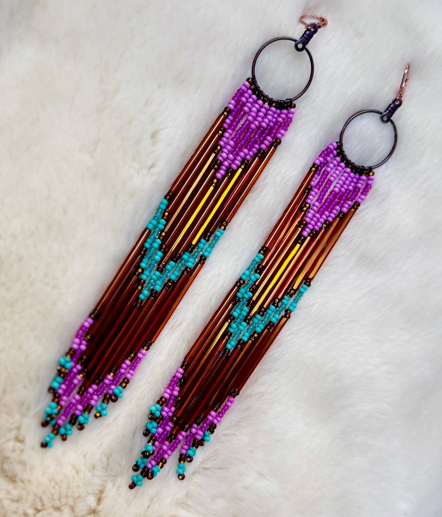 Beaded Hoop Fringe Dangle Earrings Copper