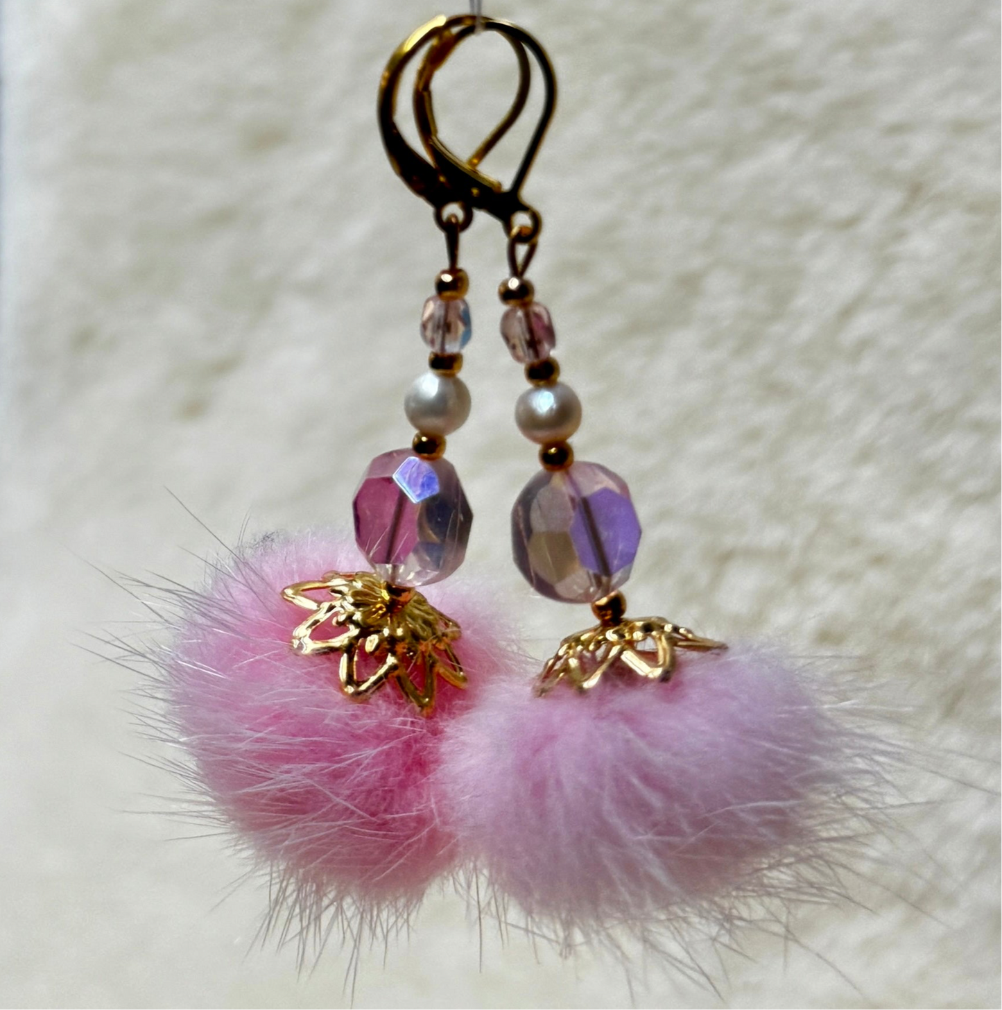 Mink Pom Pom Swarovski Crystal & Pearl Gold Plated Earrings