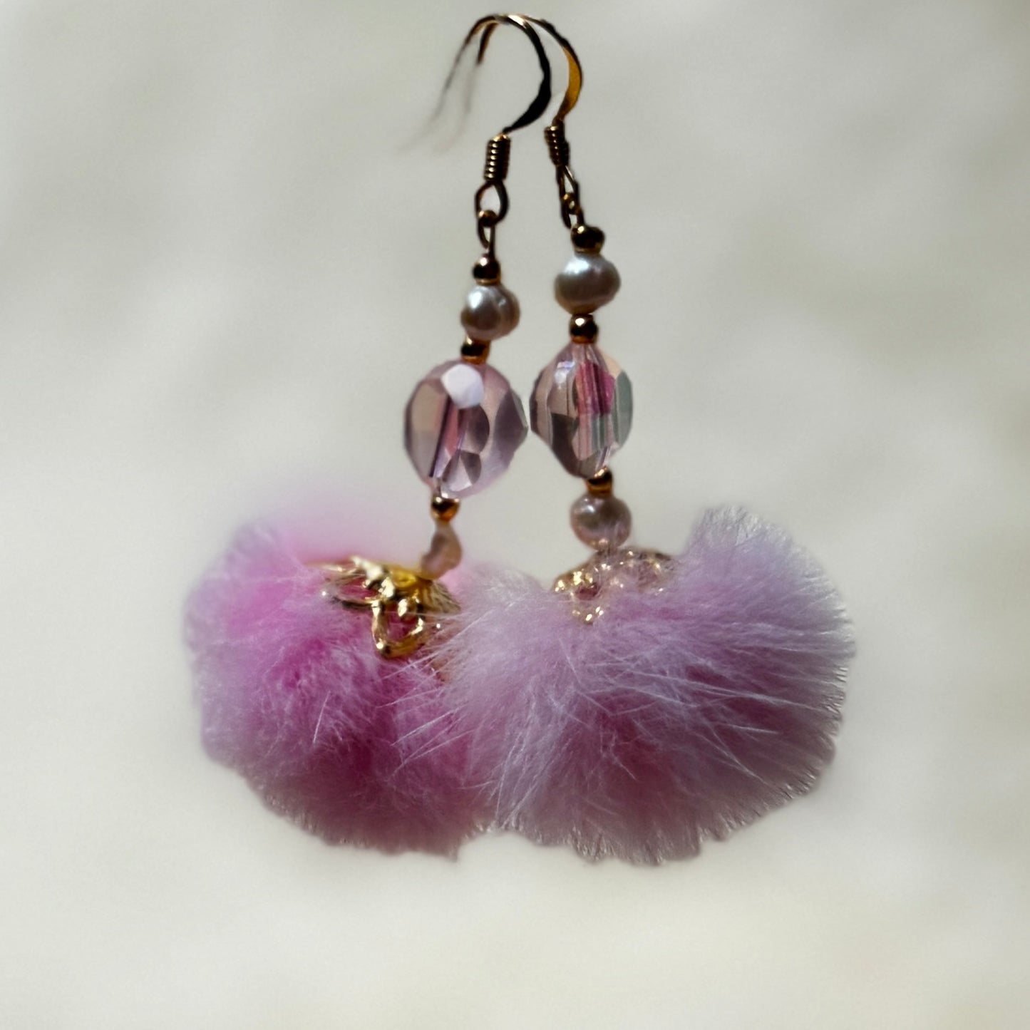 Mink Pom Pom Swarovski Crystal & Pearl Gold Plated Earrings