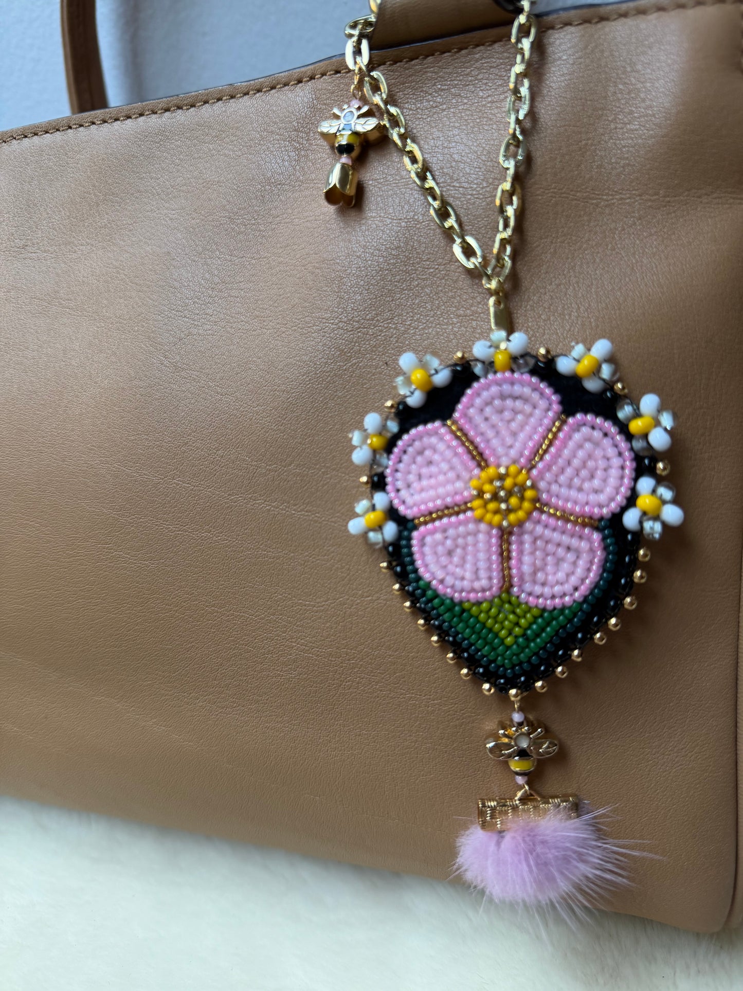 Cherry Blossom Beaded Bee Bag Charm