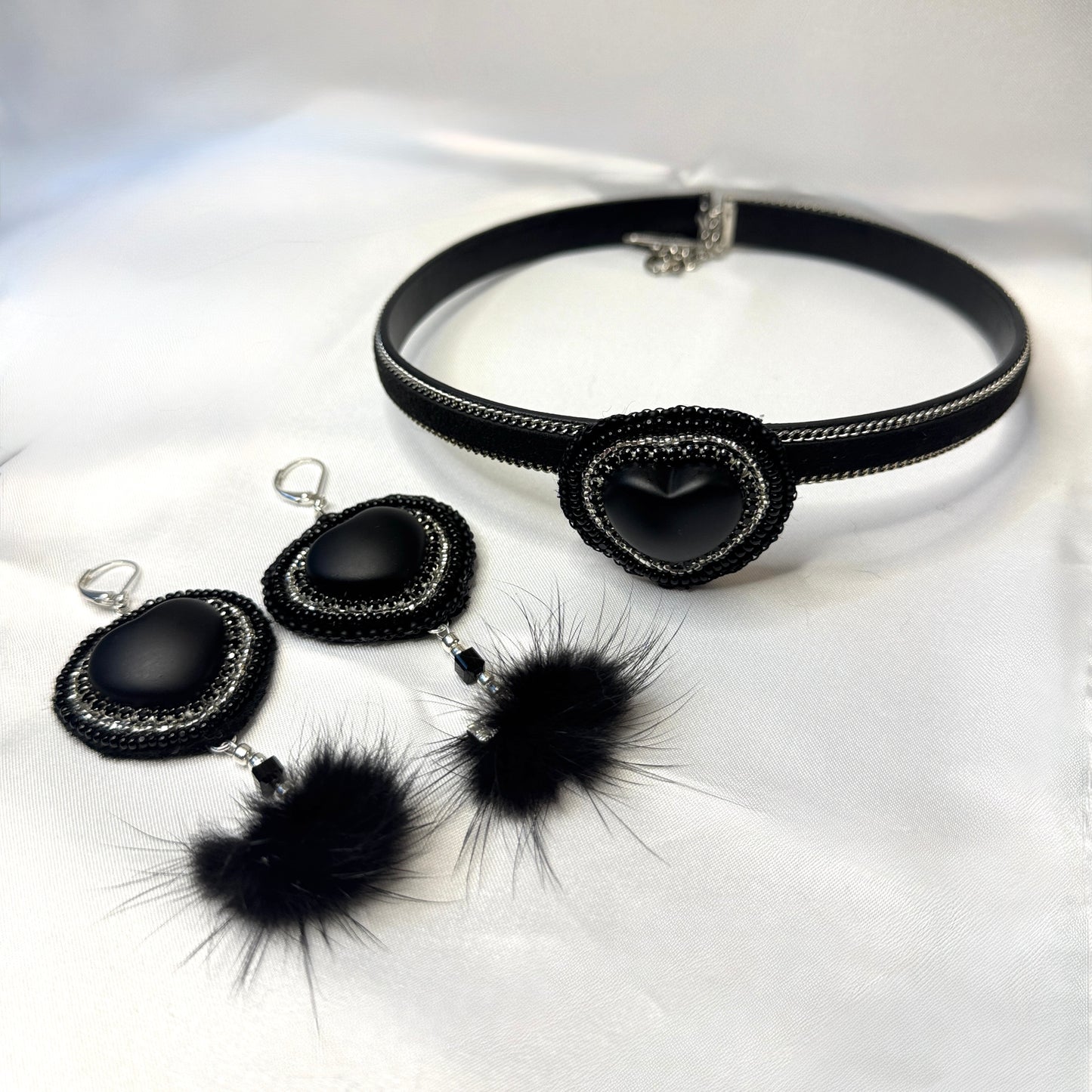 native Indigenous Black Heart Leather Chain Choker &  Earring Set