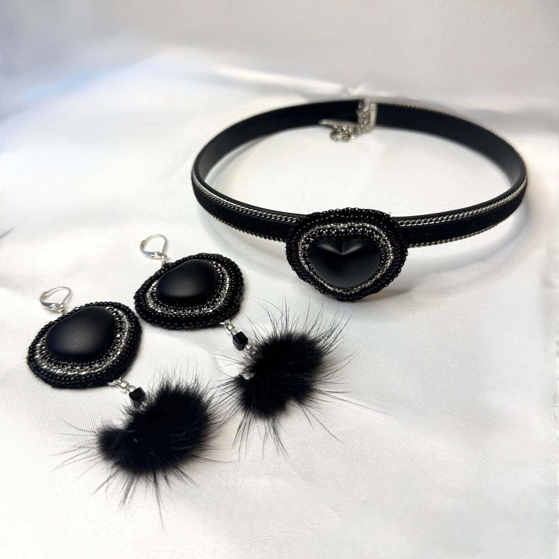 native Indigenous Black Heart Leather Chain Choker &  Earring Set