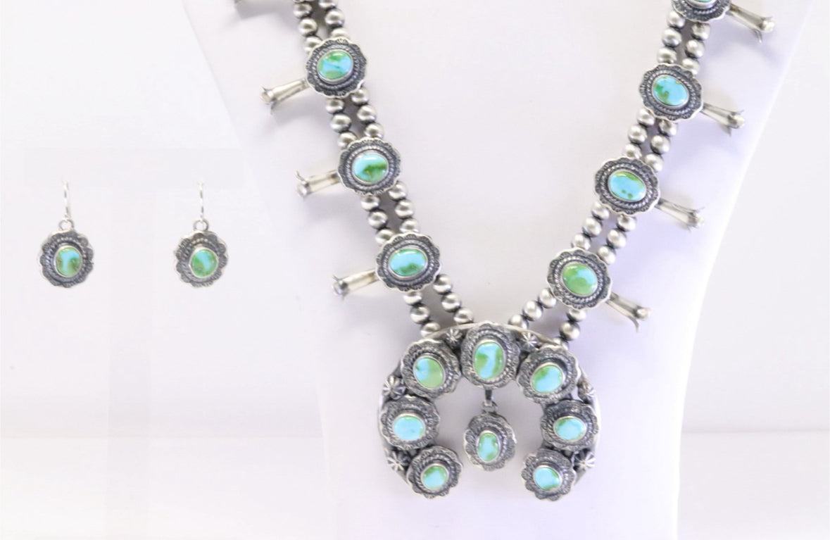 Thomas Francisco, Navajo Silver 20 Stone Sonora Gold Turquoise Squash Blossom Necklace & Earring's Set
