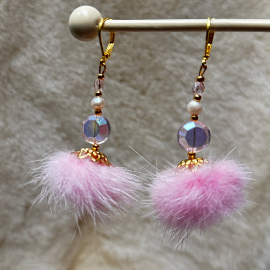 Mink Pom Pom Swarovski Crystal & Pearl Gold Plated Earrings