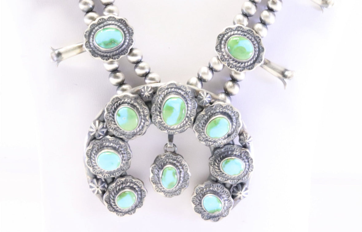 Thomas Francisco, Navajo Silver 20 Stone Sonora Gold Turquoise Squash Blossom Necklace & Earring's Set