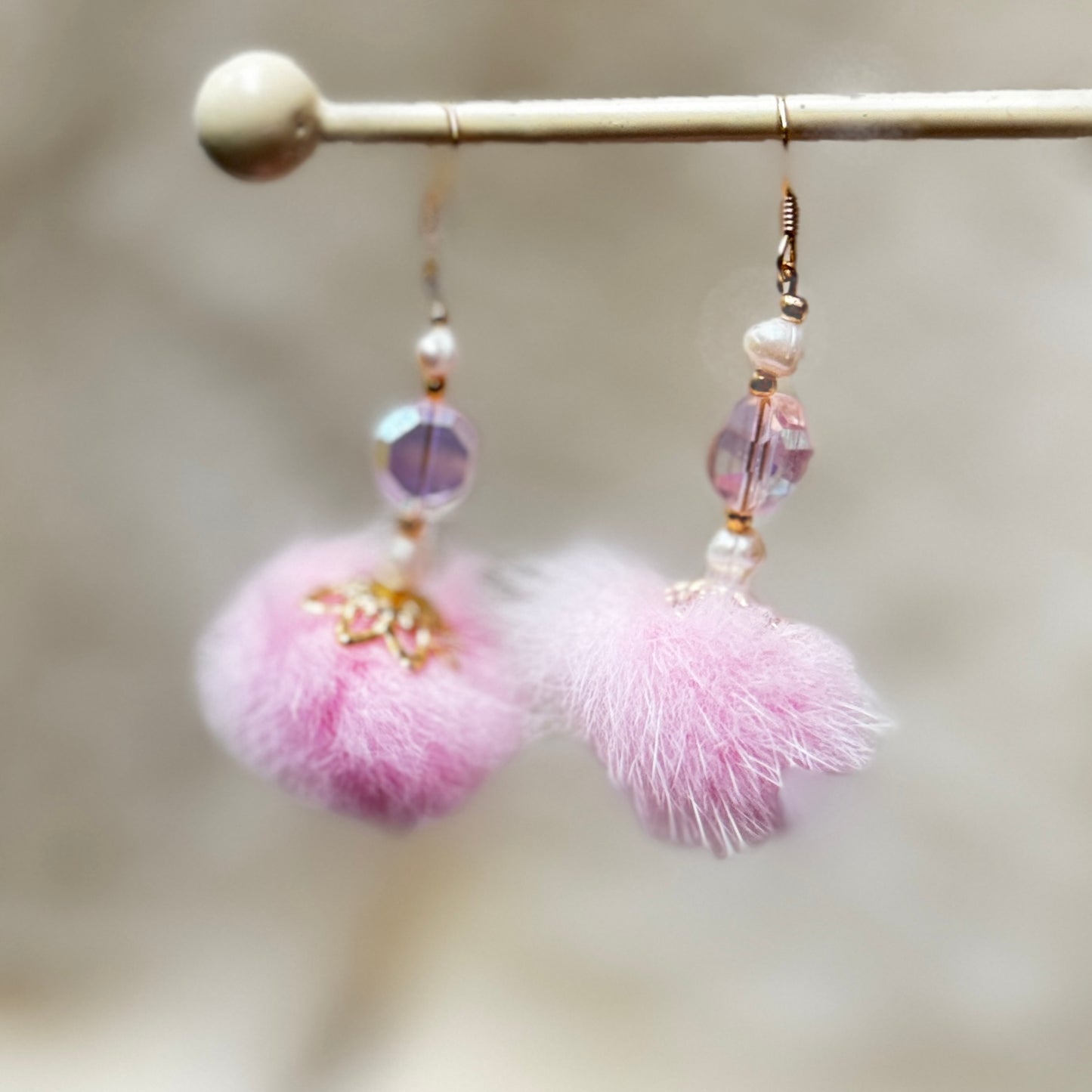 Mink Pom Pom Swarovski Crystal & Pearl Gold Plated Earrings