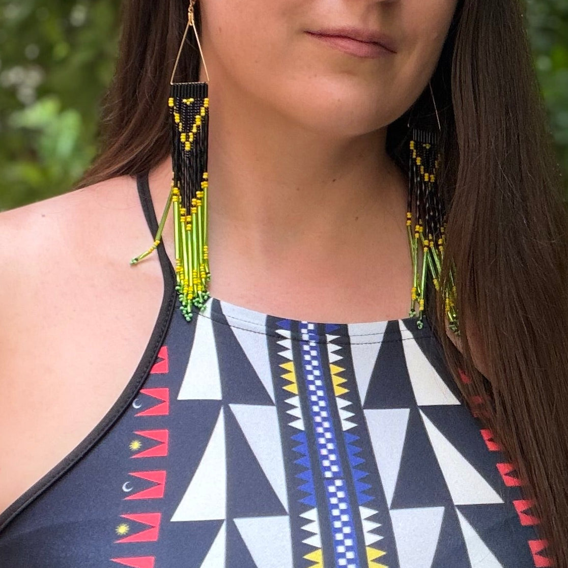 Native Indigenous Black Legged Dart Frog Long Beaded Dangle Earrings