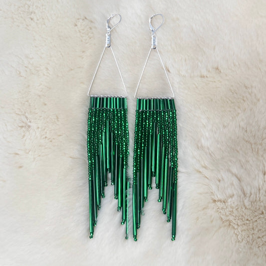 Dangle Fringe Emerald Silver Lined Earrings