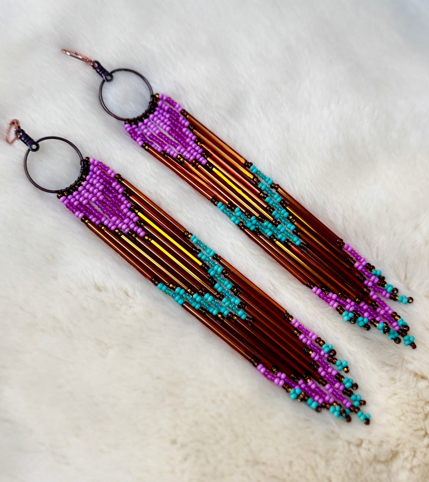 Beaded Hoop Fringe Dangle Earrings Copper