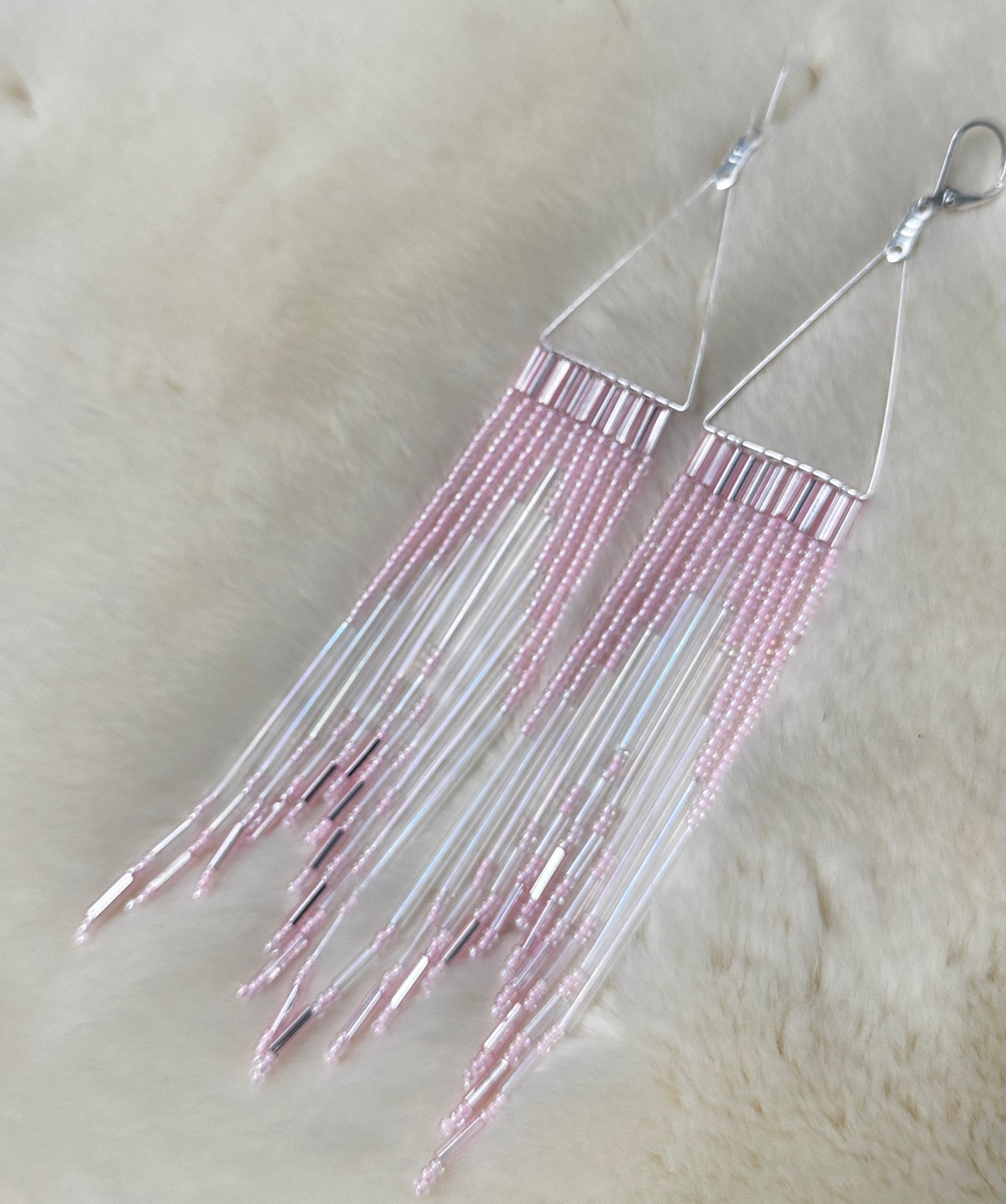 Dangle Fringe Pink Opaque Silver Lined Earrings