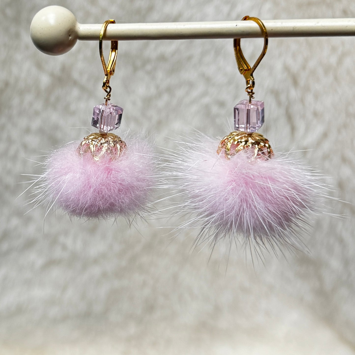 Mink Pom Pom Swarovski Gold Plated Earrings