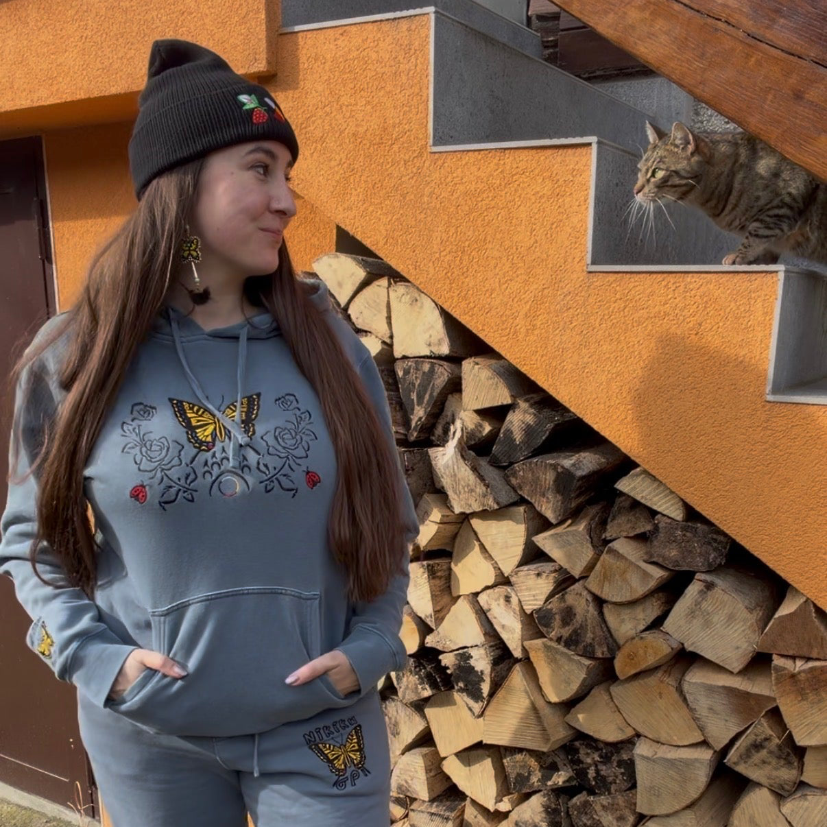 Embroidered Swallowtail Butterfly 100% Cotton pigment-dyed hoodie indigenous fashion 