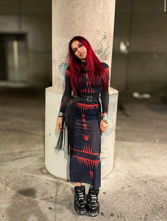 Natasha Fisher NTV mihko ᒥᐦᑯ Red Mesh Skirt Set Indigenous fashion and native owned apparel 