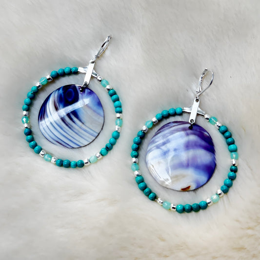 Wampum Shell Czech Crystal Turqouise Hoop Earrings