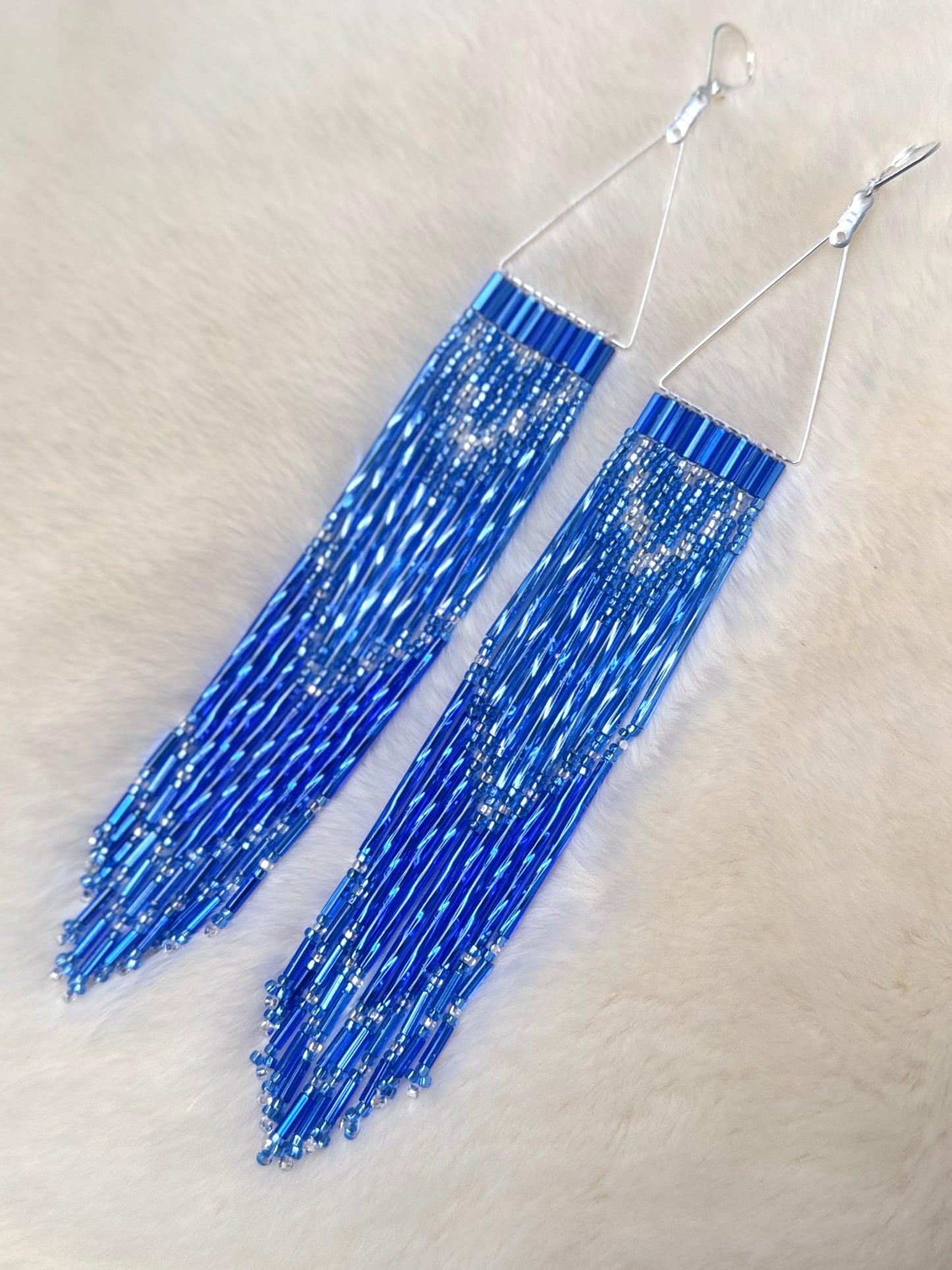 Two Toned Sapphire Long Beaded Dangle Earrings