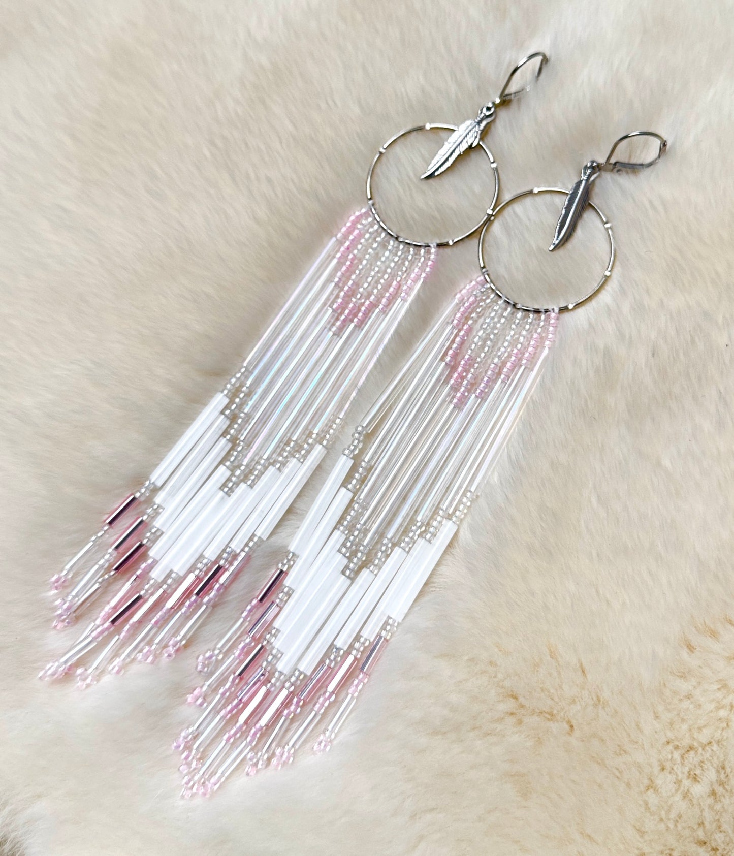 Dangle Fringe Pink Opaque Silver Lined Earrings