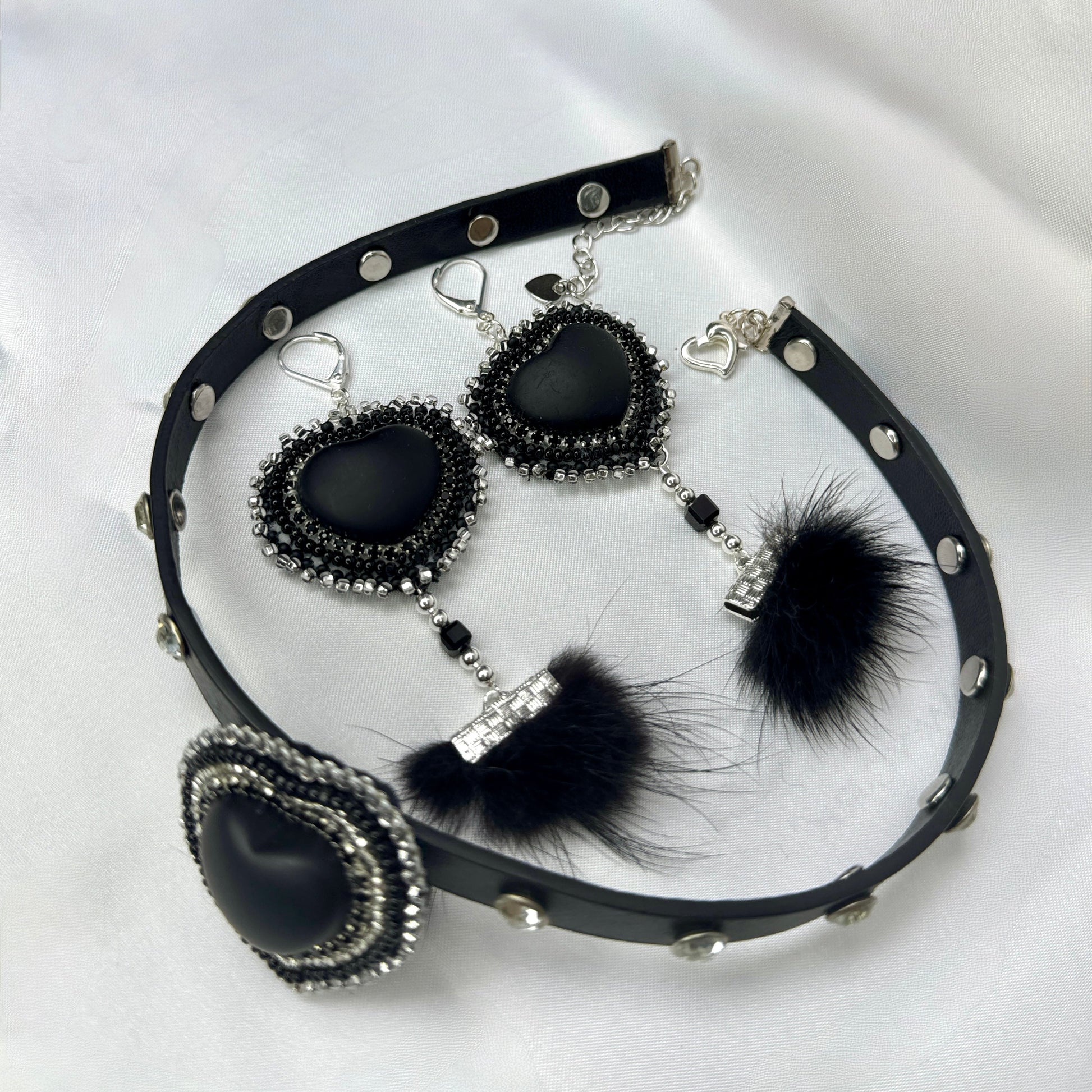 Black Heart Leather Crystal Studded Choker &  Earring Set