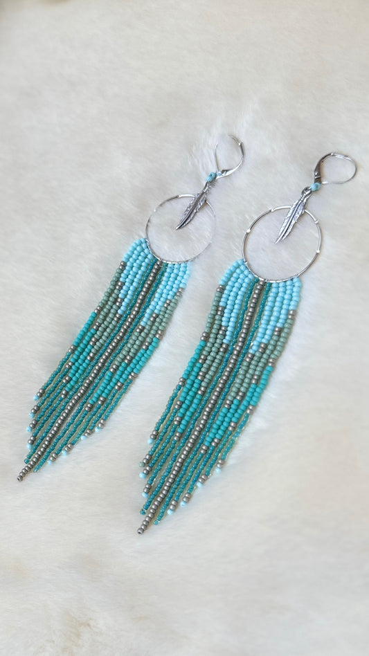 Beaded Hoop Feather Fringe Earrings