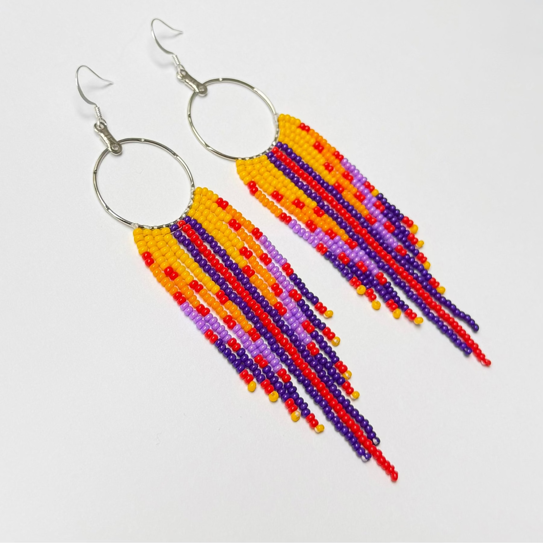 Native Beaded Hoop earrings purple yellow czech beads