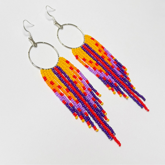 Native Beaded Hoop earrings purple yellow czech beads