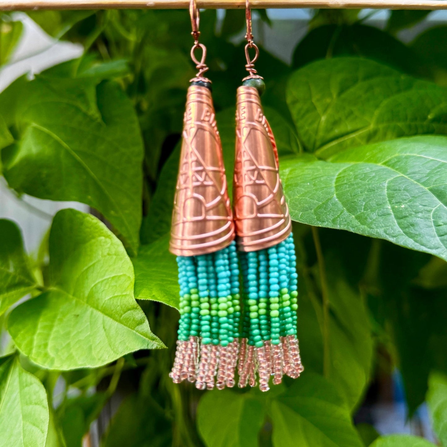 ANISHINAABE BIMISHIMO Copper wire with hand cut Turquoise & Jade Beads with Copper Jingle Earrings - Nikikw Designs