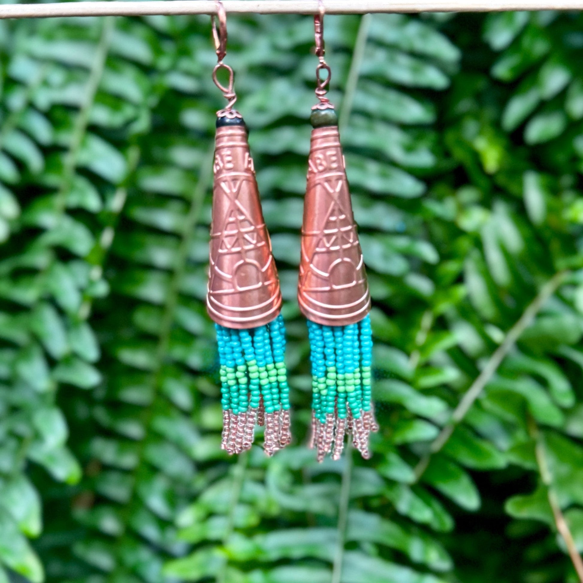 ANISHINAABE BIMISHIMO Copper wire with hand cut Turquoise & Jade Beads with Copper Jingle Earrings - Nikikw Designs