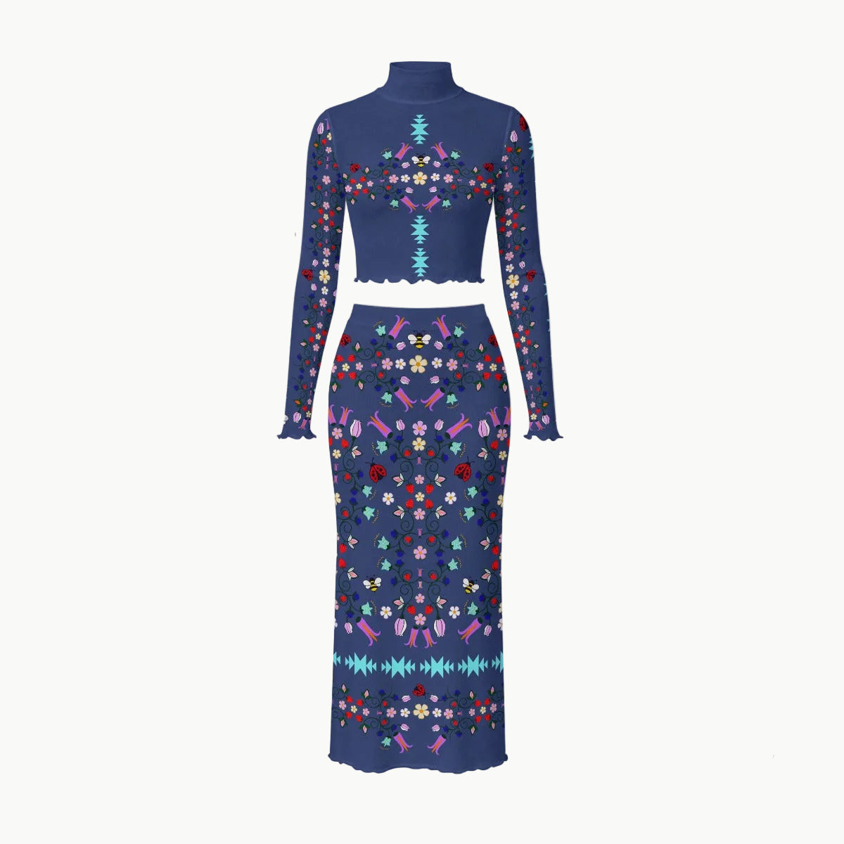 Native owned apparel Indigenous fashion  navy blue long-sleeve mock-neck dress with a cree woodland floral pattern, shown on a white background with four circular callout insets highlighting fabric, neck design, sleeve detail, and edge finish.