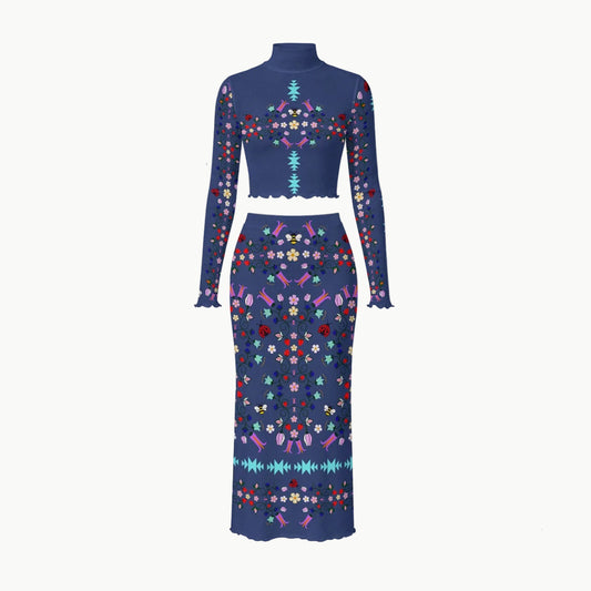 Native owned apparel Indigenous fashion  navy blue long-sleeve mock-neck dress with a cree woodland floral pattern, shown on a white background with four circular callout insets highlighting fabric, neck design, sleeve detail, and edge finish.