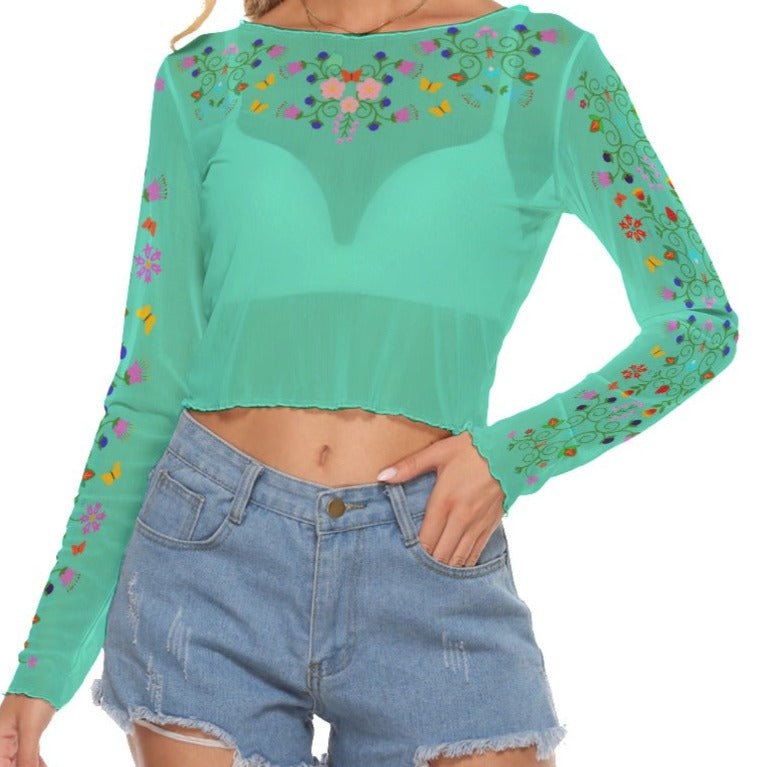 Floral Native Print Women's Mesh Long Sleeves Cropped shirt - Nikikw Designs