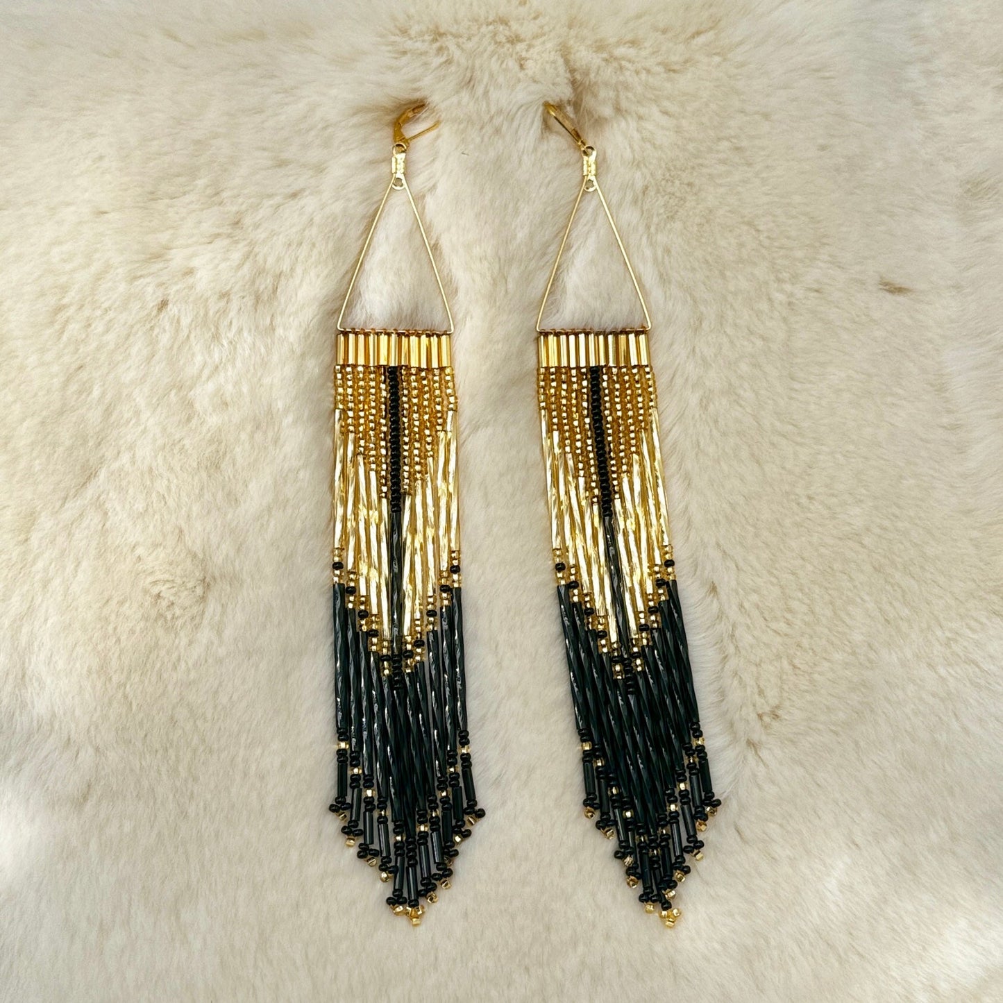 Gold & Black Long Beaded Dangle Earrings - Nikikw Designs