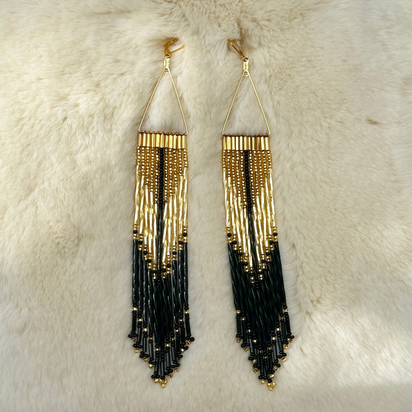 Gold & Black Long Beaded Dangle Earrings - Nikikw Designs